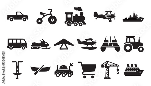 Various transportation and recreation vehicle black silhouette icons for travel, logistics, and leisure applications across diverse visual media and informational graphics