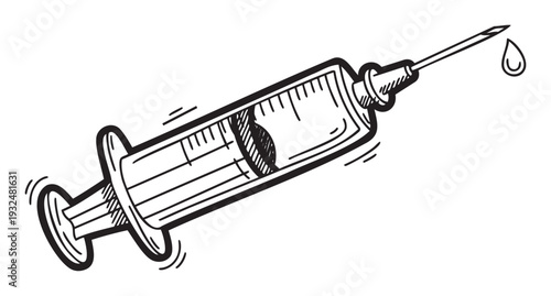 Medical syringe with a liquid drop at the needle tip in a doodle style, perfect for health campaign visuals or educational materials on vaccination and medicine.