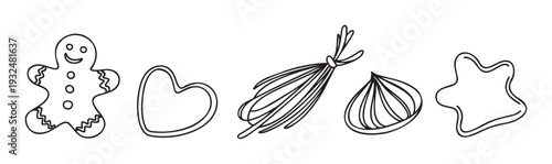 Outline drawings of holiday and kitchen ingredients including a gingerbread man, heart, star cookie, tied herbs, and garlic clove, ideal for foodrelated graphics, recipe books, and seasonal