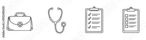 A versatile collection of outlined medical icons featuring a doctors bag, stethoscope, and various patient report checklists, perfect for health education and clinical resource applications.