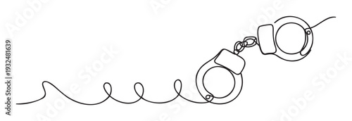 Continuous line drawing of metal handcuffs representing concepts of justice, crime, and security, ideal for legal articles, police awareness campaigns, or human rights discussions.