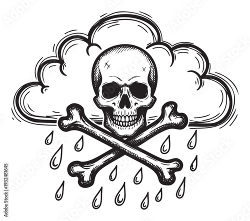 Striking grayscale graphic featuring a human skull and crossed bones under a dark raining cloud, perfect for illustrating themes of danger, mortality, or gloomy weather in merchandise,