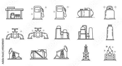 Outline icons for the oil and gas industry, including fuel stations, pumps, storage tanks, refinery, pipelines, pumpjacks, drilling rigs, and flare stack, useful for energy visuals