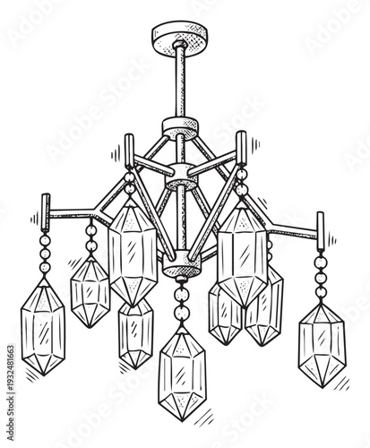 Ornate vintage chandelier sketch featuring geometric crystalshaped lights and decorative accents, ideal for inspiring interior design, home decor concepts, and crafting projects.