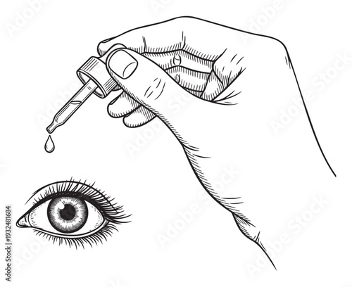 Hand holding a medical dropper applying a single liquid drop above an open human eye, symbolizing vision care, health treatment, or precise administration for pharmaceutical and skincare