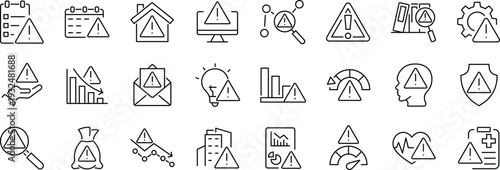 Set of outline icons related to risk, warning, alarm. Linear icon collection. Editable stroke. Vector