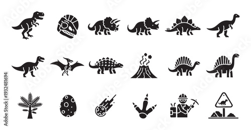 Explore the ancient prehistoric world with a comprehensive collection of dinosaur icons and paleontology symbols for educational projects and childrens adventure games