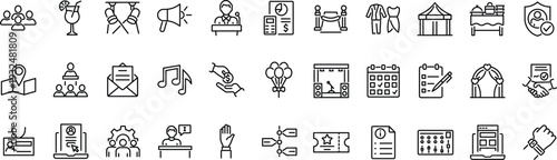 Set of outline icons related to event planning, organisation. Linear icon collection. Editable stroke. Vector