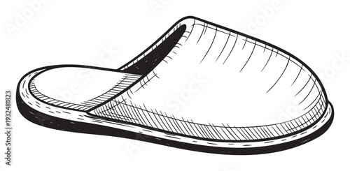 A cozy indoor slipper in a black and white woodcut style, useful for depicting home relaxation, everyday comfort, foot care, or simple leisure product presentations.