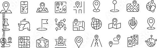 Set of outline icons related to location. Linear icon collection. Editable stroke. Vector