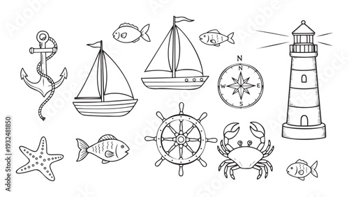 A charming collection of nautical and sea life symbols featuring an anchor, sailboats, fish, a lighthouse, a compass rose, a starfish, a ship wheel, and a crab, ideal for educational
