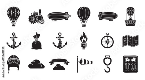 Steampunk vintage air travel and exploration icons featuring hot air balloons, blimps, anchors, and navigation tools perfect for adventure themed designs and historical projects
