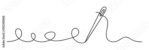 Continuous single line drawing of a needle with thread creating a stylized design, perfect for textile businesses, handmade craft projects, sewing hobby illustrations, or apparel industry