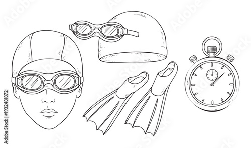 Comprehensive collection of essential swimming gear including a swimmers face with cap and goggles, separate equipment, and a stopwatch, ideal for sports promotion and fitness media.