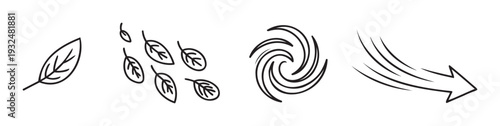 Outline graphic depicting leaves, an abstract wind swirl, and a clear directional arrow indicating air current movement, useful for environmental themes, seasonal changes, or dynamic flow
