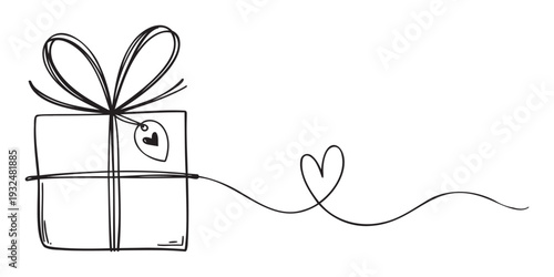 A minimalist line drawing of a gift box with a heart tag and a string forming a heart, perfect for romantic celebrations and special occasion greetings.
