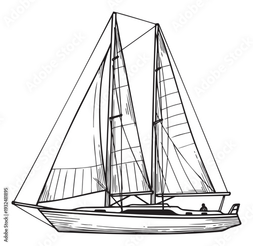 A detailed black and white line drawing of a classic sailboat with two masts and multiple sails, perfect for illustrating nautical themes, marine travel, or luxury yachting adventures.