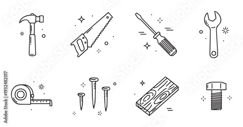 Essential outline hand tools and building materials icons featuring a hammer, saw, screwdriver, wrench, tape measure, nails, wood, and a bolt, ideal for construction, repair, and home