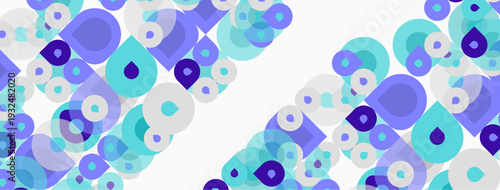 Abstract background features overlapping circles, squares, teardrops. Colors include various shades blue, purple, white. Modern, clean design.