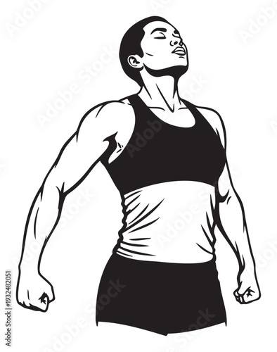 Powerful Black athletic woman in a sports bra and shorts with her head tilted upwards and fists clenched, conveying triumph, strength, and determination, perfect for fitness, sports, or