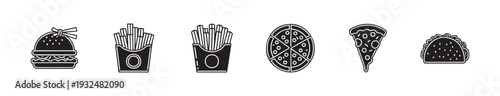 A curated collection of popular fast food items depicted as modern monochrome glyph icons, perfect for digital menus, mobile applications, or quick service restaurant advertising campaigns.