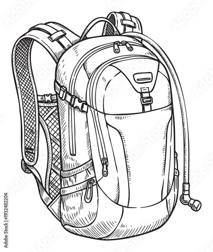 Detailed line drawing of a hydration backpack for outdoor activities and travel, perfect for graphic design projects related to adventure sports and hiking equipment.