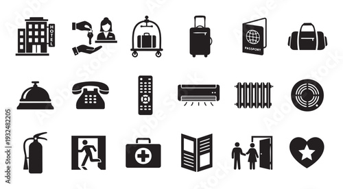 Comprehensive set of hospitality and travel icons covering hotel accommodation, guest amenities, luggage, room features, and safety measures for various tourism applications