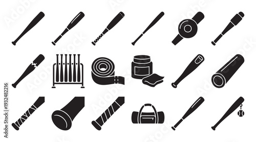 A collection of various baseball bat equipment icons for sports leagues, game interfaces, or athletic apparel branding