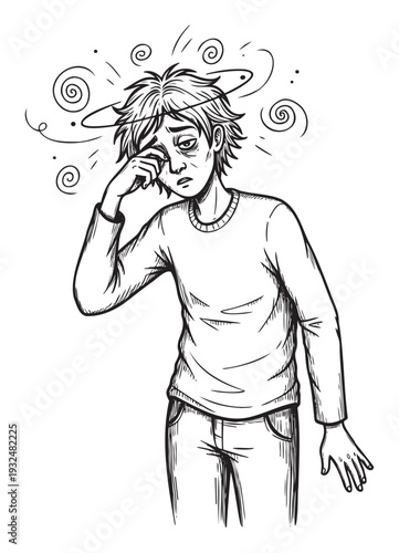 A fatigued person with messy hair and dark circles under their eyes rubs an eye, surrounded by swirling lines symbolizing dizziness and disorientation, useful for health and stress content.