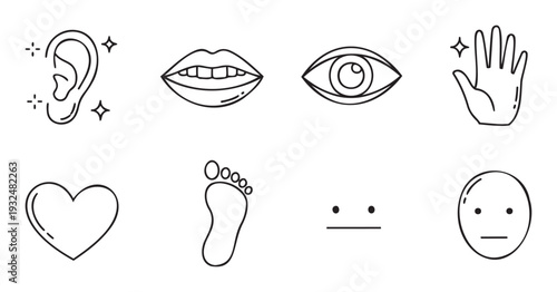Simple linear icons depicting human body parts ear, mouth, eye, hand, foot, heart, and common emotional faces, useful for health, education, and digital user interface applications.