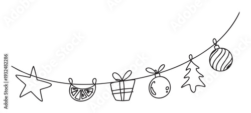 Continuous line drawing Christmas garland featuring star, citrus slice, gift box, and tree ornaments, ideal for seasonal greetings, holiday event announcements, and winter celebration