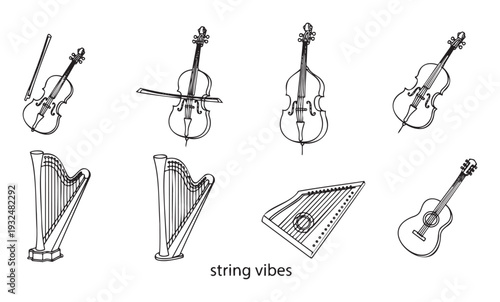A versatile collection of hand drawn line art string musical instruments including violins, cello, double bass, harps, zither, and guitar for music education and concert promotions