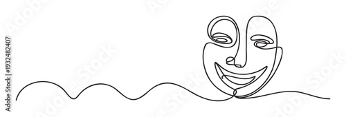 Continuous line drawing of a smiling abstract human face representing happiness and positive emotions suitable for modern graphic design and decorative purposes