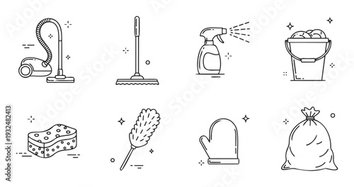 Collection of essential household cleaning tools and sanitation equipment depicted as simple outline icons suitable for service advertisements, digital interfaces, and educational materials.