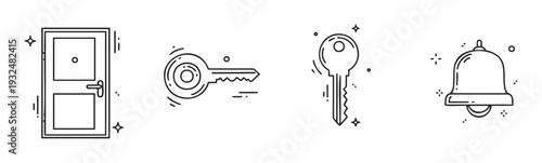 Outline icons set for security and access showing a door two types of keys and a bell suitable for digital interfaces applications and web development projects