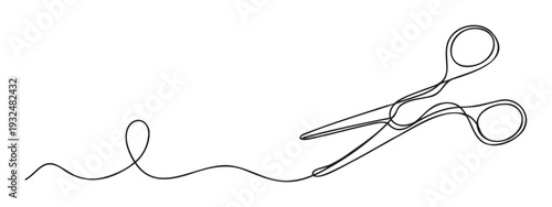 Elegant single continuous line drawing of open scissors symbolizing precision and efficiency for graphic projects, stationery, or business branding materials