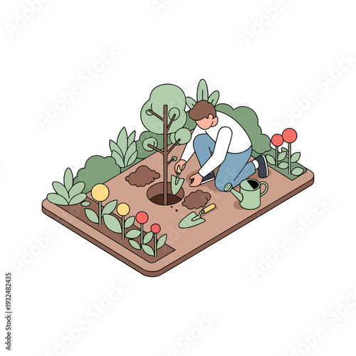 Planting a Tree in a Lush Green Garden with Gardening Tools