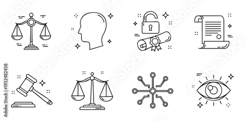 A versatile set of line icons symbolizing justice, intellectual property rights, knowledge, legal agreements, human mind, interconnected systems, and insightful vision perfect for legal,