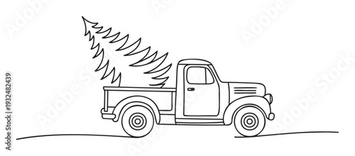Vintage pickup truck transporting a fresh Christmas tree for holiday celebrations, perfect for seasonal greetings, winter projects, and festive advertisements.