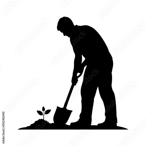 Planting a New Tree Seedling in the Garden with a Shovel Silhouette