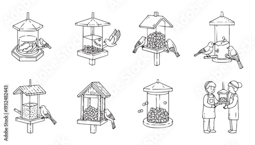 A comprehensive collection of bird feeder designs with various birds enjoying seeds and people tending to them, perfect for educational resources or nature guides.