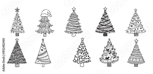 A collection of handdrawn Christmas tree outlines featuring various festive decorations perfect for holiday greetings, winter season promotions, and seasonal graphic projects.