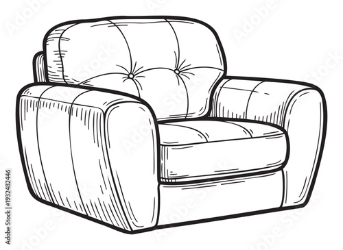 Simple black and white line drawing of a comfortable living room armchair with a classic upholstered design, useful for creating minimalist interior design layouts and comfortable home