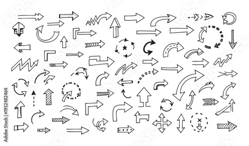 Hand drawn arrows doodle set providing diverse pointing indicators and movement symbols ideal for web design infographics diagrams and educational materials