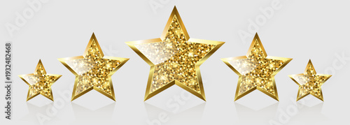 Set of five gold rating stars with a glitter effect