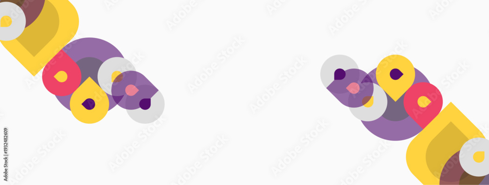 Obraz premium Abstract shapes, circles, rectangles overlap. Yellow, purple, pink hues dominate white background. Minimalist design, modern aesthetic.