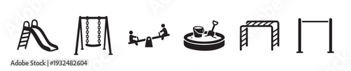 Various outdoor playground equipment symbols for childrens recreation, featuring a slide, swing, seesaw, sandbox, and climbing bars, ideal for web icons, mobile apps, or park signage