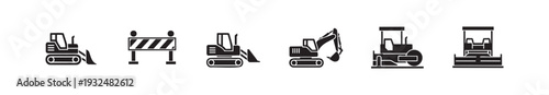 Versatile vector set of heavy construction machinery and road building equipment icons, perfect for illustrating civil engineering projects, infrastructure development, and industrial site