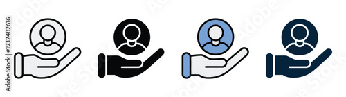 Customer care multiple style icon design vector featuring hand holding a user avatar encircled by a rotating arrow, symbolizing customer retention, personalized service