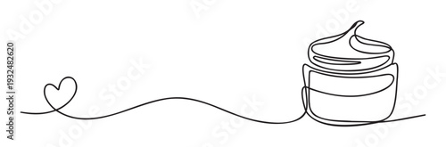 A minimalist continuous line drawing featuring a delicate heart connected to a sweet dessert in a jar with whipped cream, perfect for romantic foodrelated branding or cafe promotions.